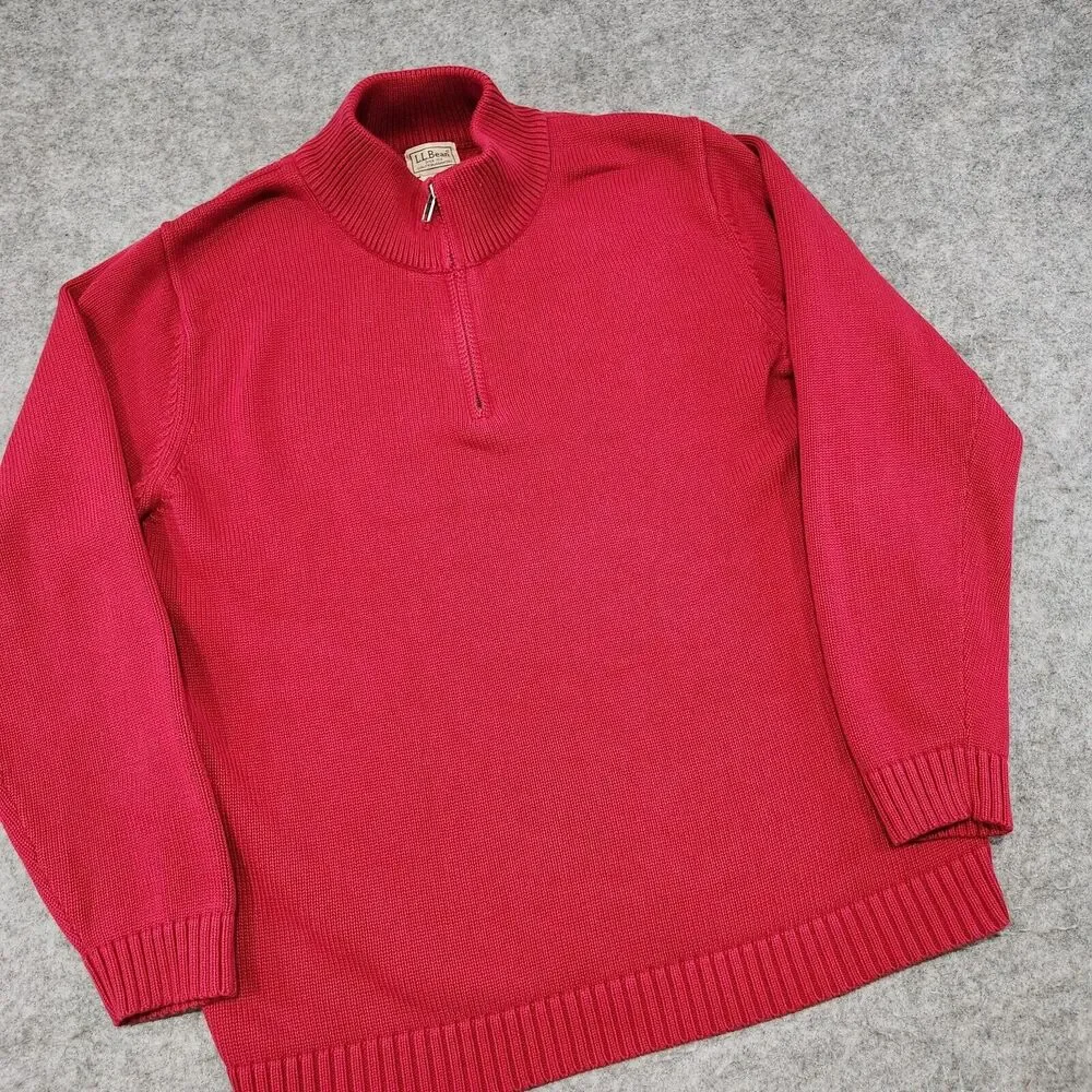 LL Bean Mens L Large 100% Cotton‎ Knit Red Pullover 1/4 Zip Heavyweight Sweater